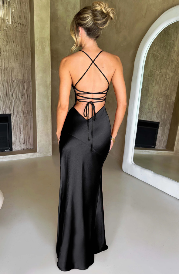 Women's Satin Maxi Dress With Spaghetti Straps And Open Back