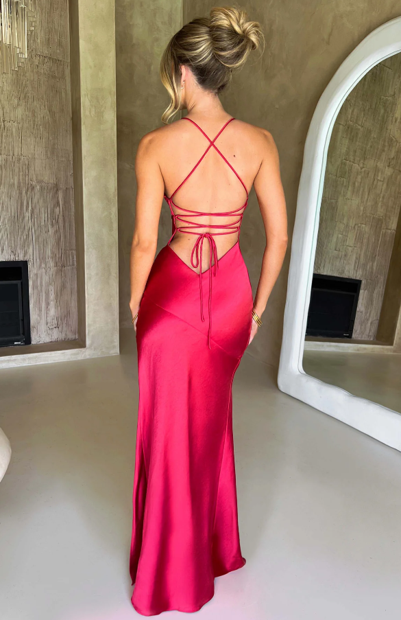 Women's Satin Maxi Dress With Spaghetti Straps And Open Back