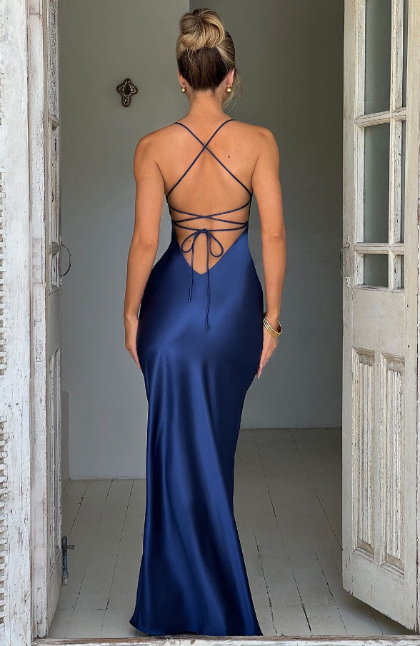 Women's Satin Maxi Dress With Spaghetti Straps And Open Back