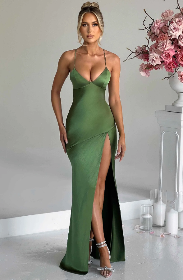Women's Satin Maxi Dress With Spaghetti Straps And Open Back