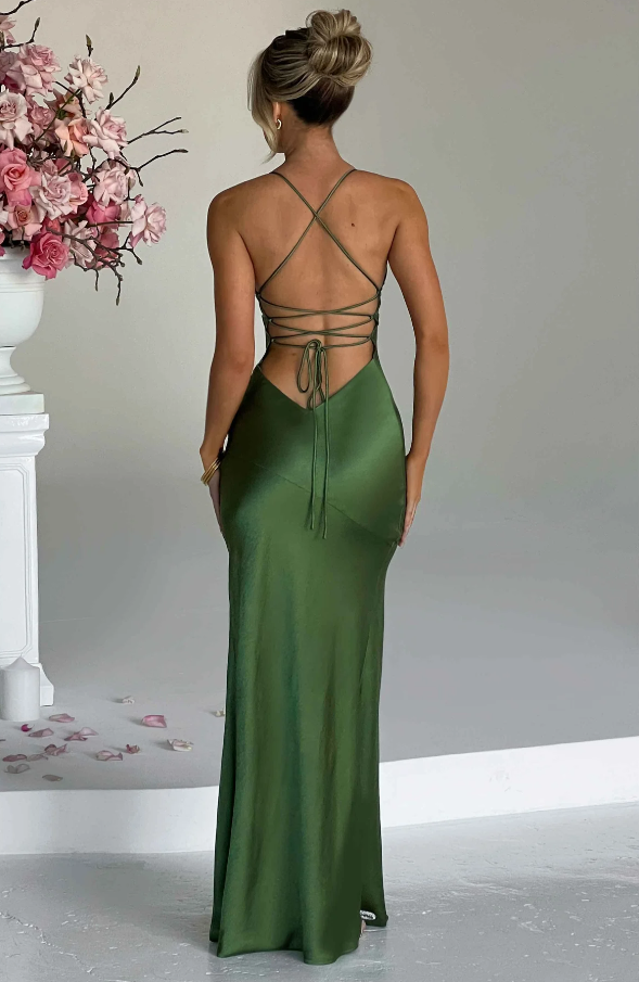 Women's Satin Maxi Dress With Spaghetti Straps And Open Back
