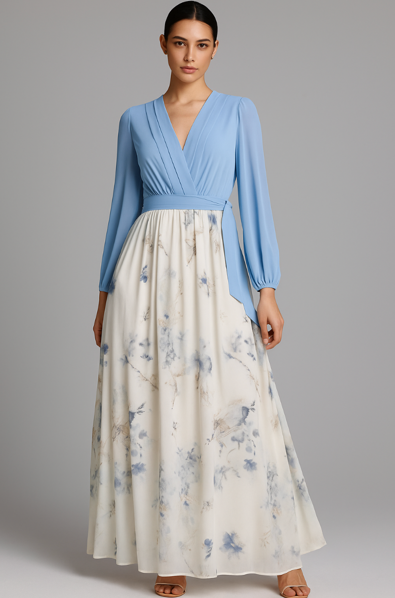 Women's Floral Maxi Dress With V-neck And Long Sleeves
