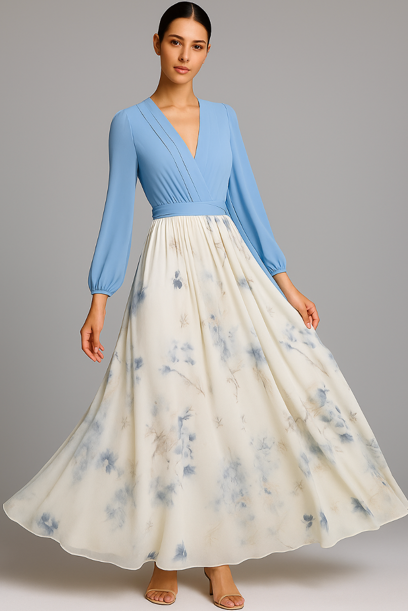 Women's Floral Maxi Dress With V-neck And Long Sleeves