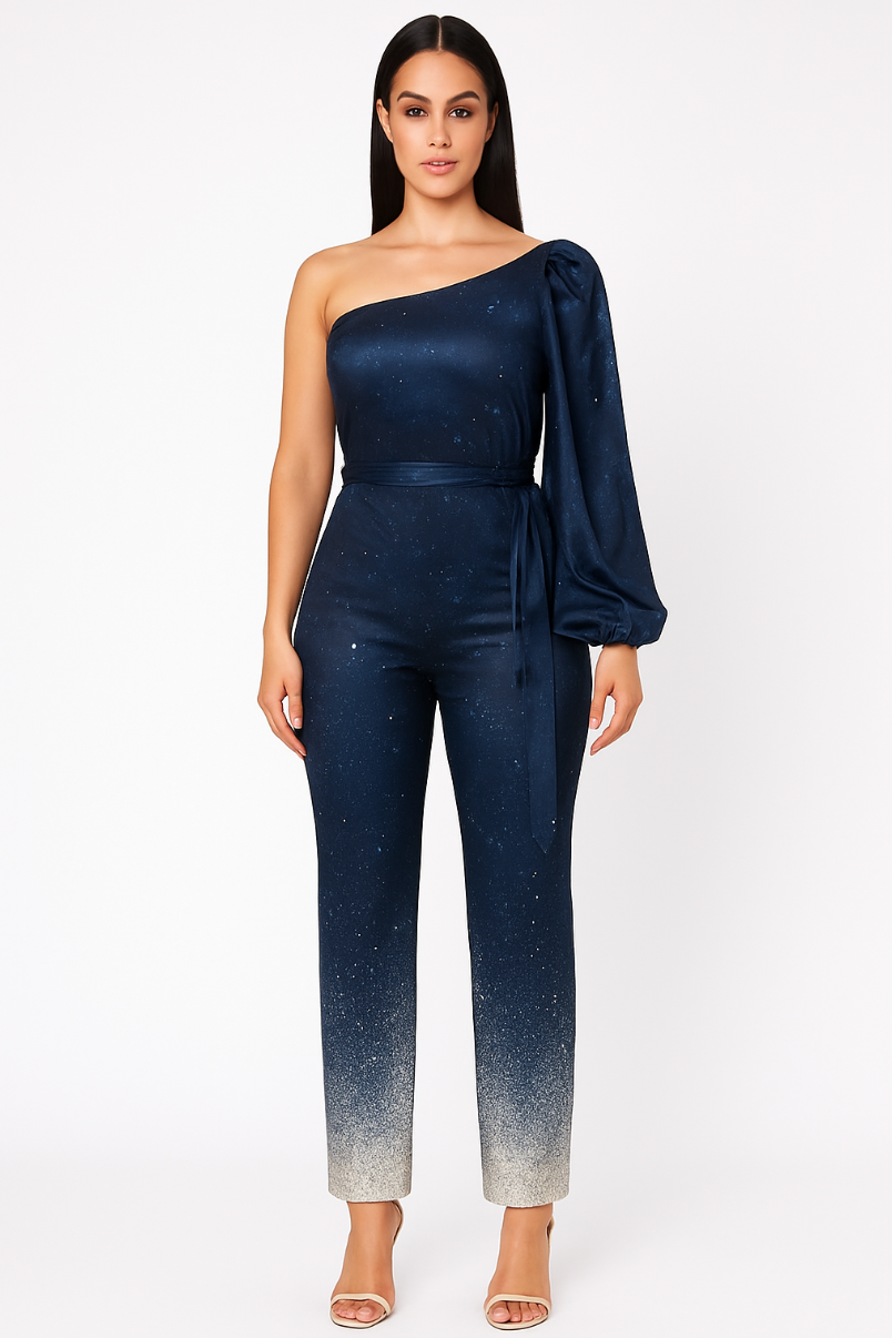 WOMEN'S ONE SHOULDER SEQUIN JUMPSUIT WITH FLARED LEGS