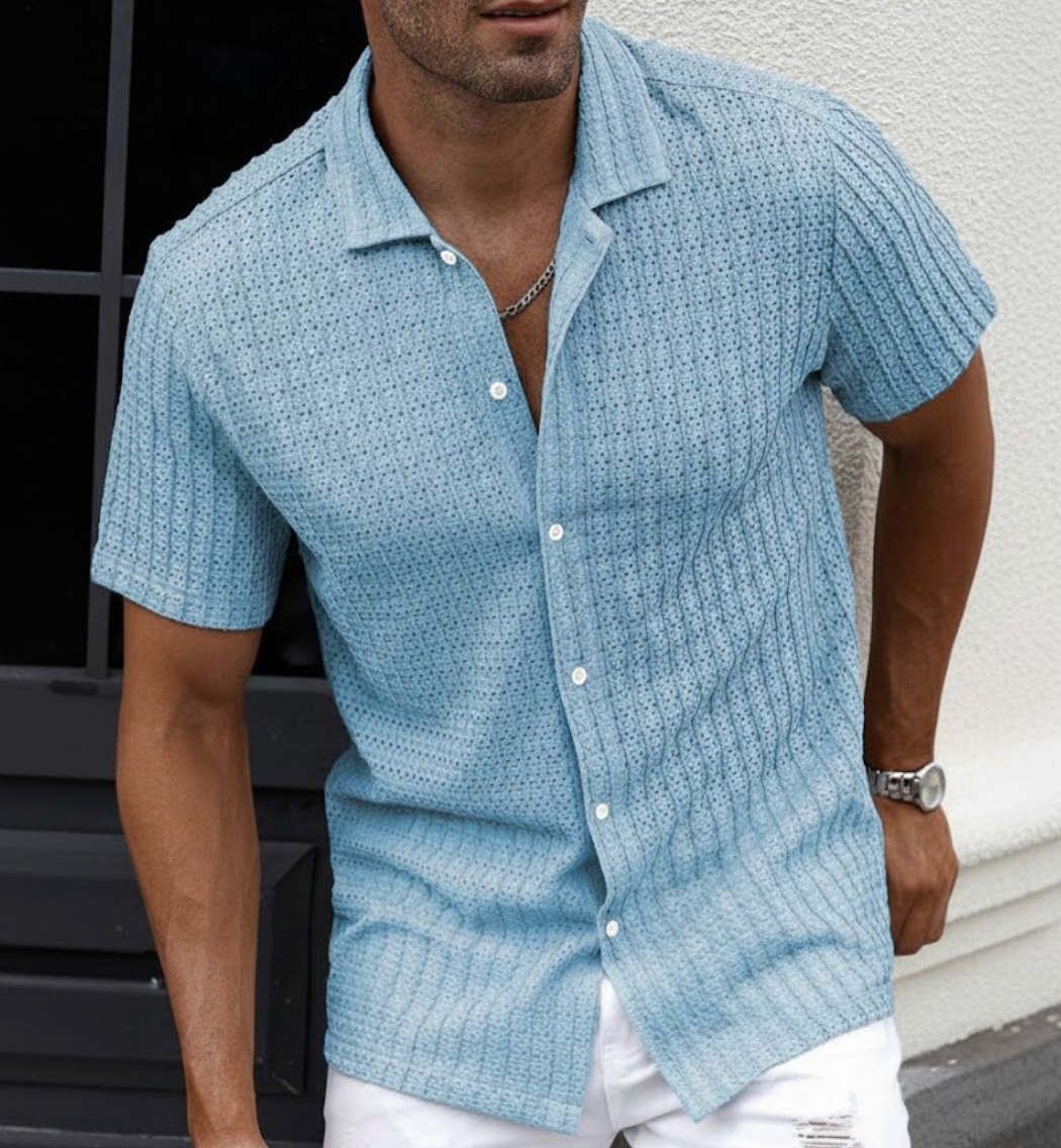 MEN'S LINEN KNITTED SHORT SLEEVE SHIRT WITH BUTTON DOWN FRONT