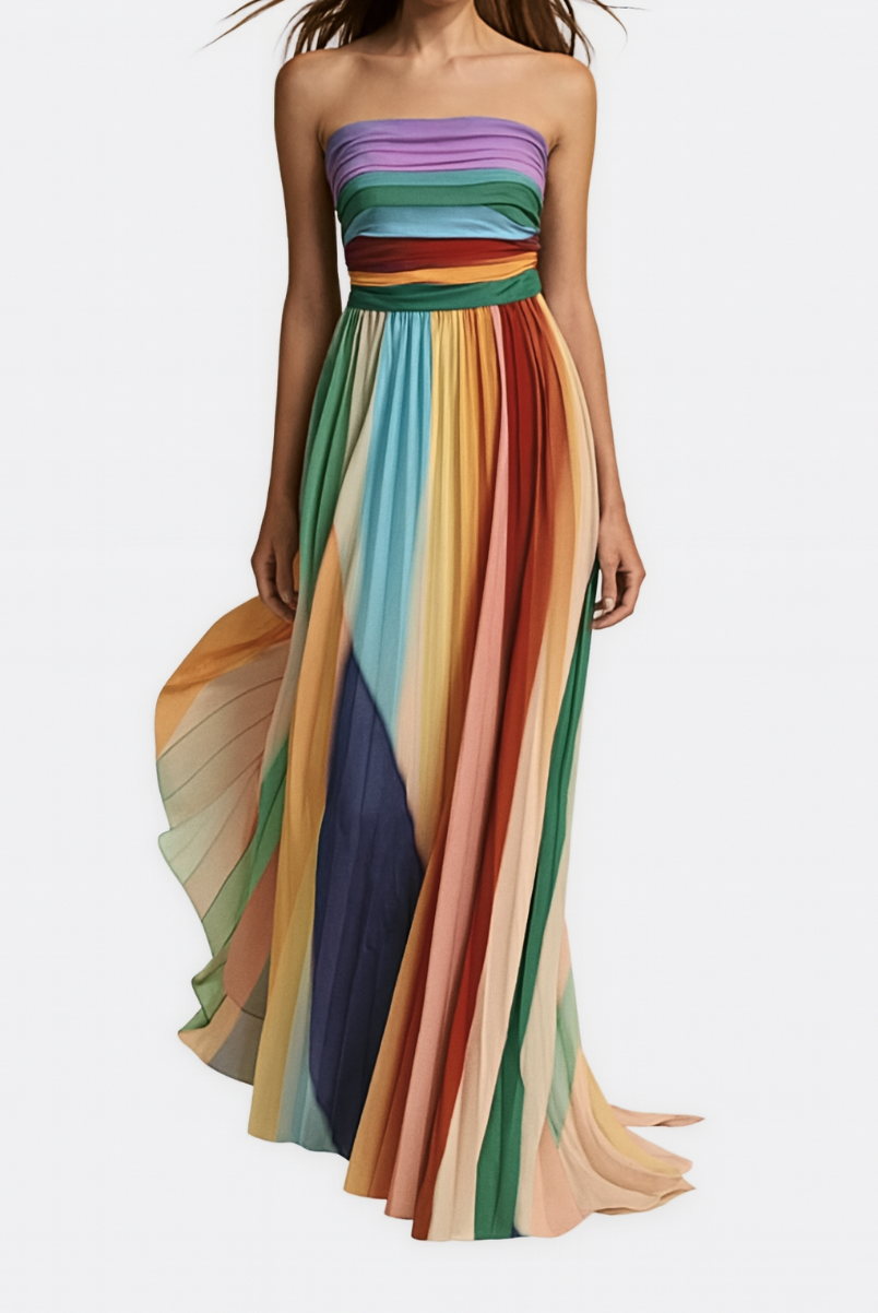 Women's Strapless Multicolour Pleated Maxi Dress