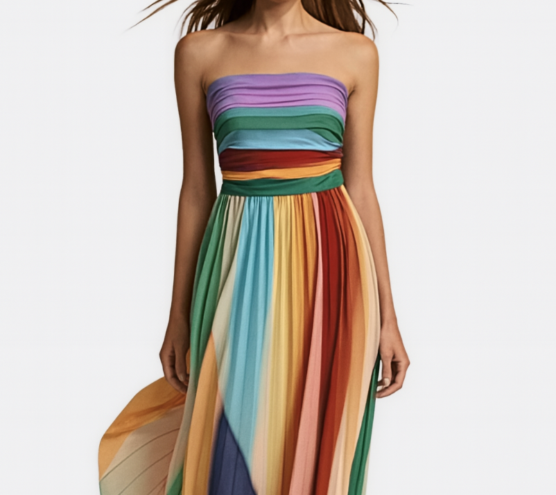 Women's Strapless Multicolour Pleated Maxi Dress