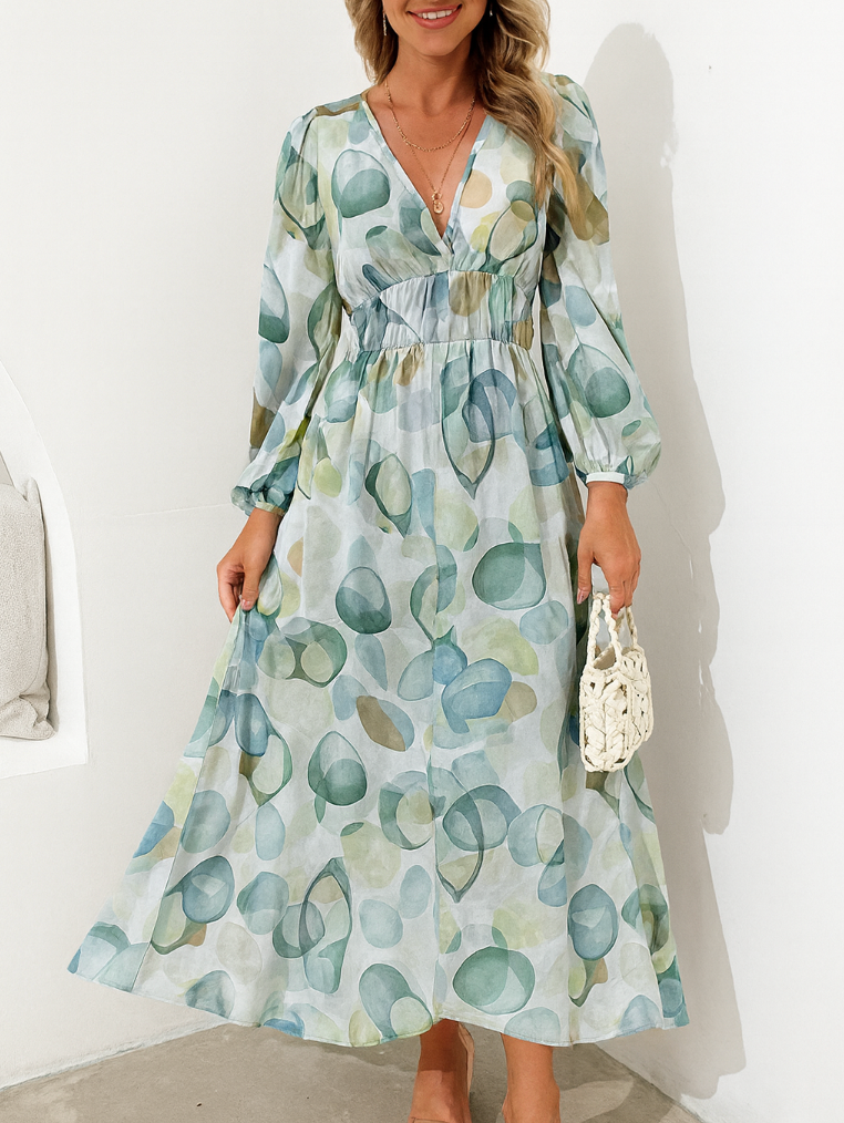 Midi Floral Dress with V-Neck and Long Sleeves
