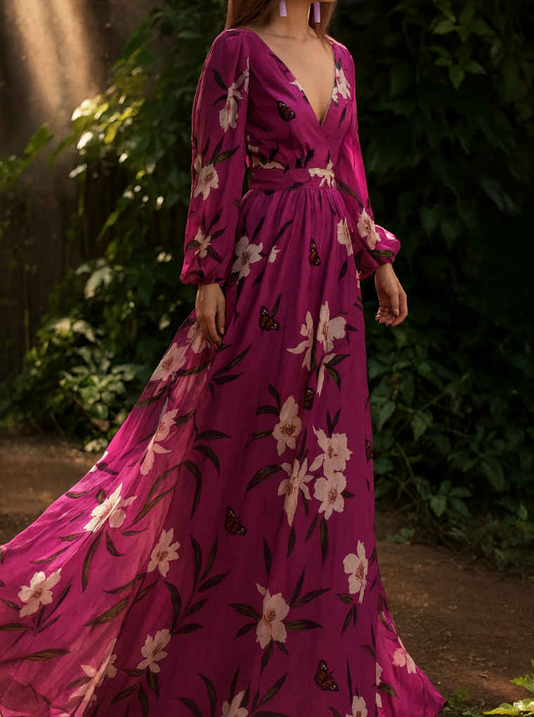 Women's Floral Chiffon Maxi Dress With V-neck And Long Sleeves