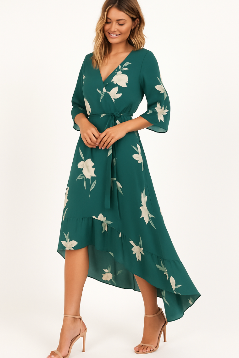 Women's Floral Maxi Dress With V-neck & Ruffles Hem