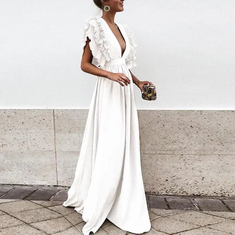 Women's Maxi Evening Dress With Ruffled Sleeves And Deep V-neck