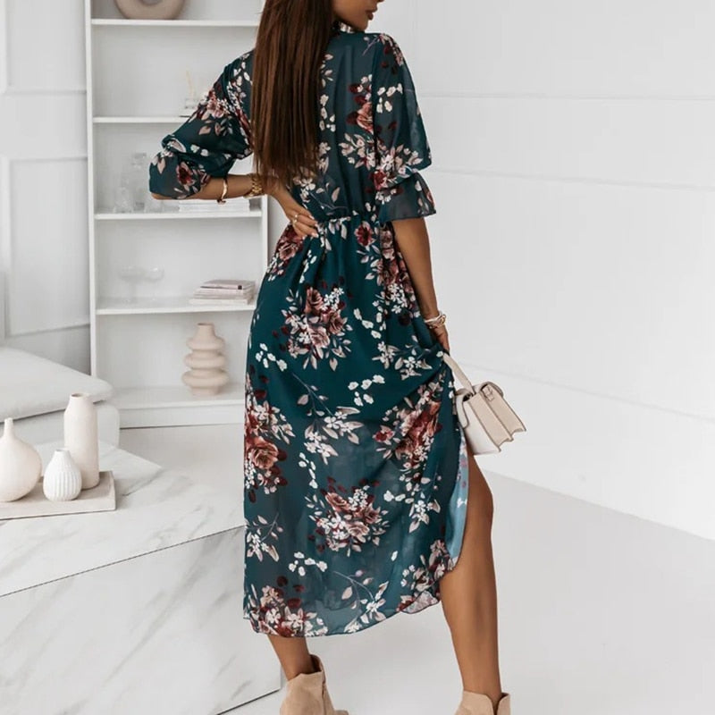 Women's Printed Wrap Midi Dress With V-neck & Half Sleeves