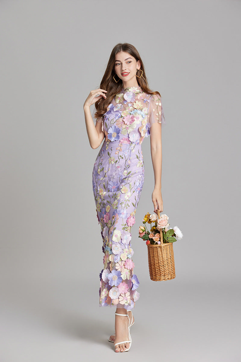 Women's Floral Embroidered Maxi Dress With Short Sleeves