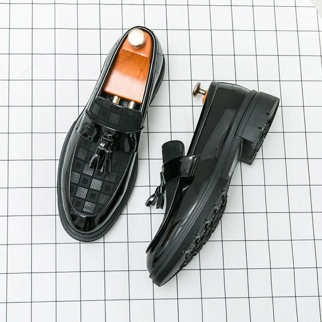 Men's Checkered Tasseled Loafers With Patent Leather Trim