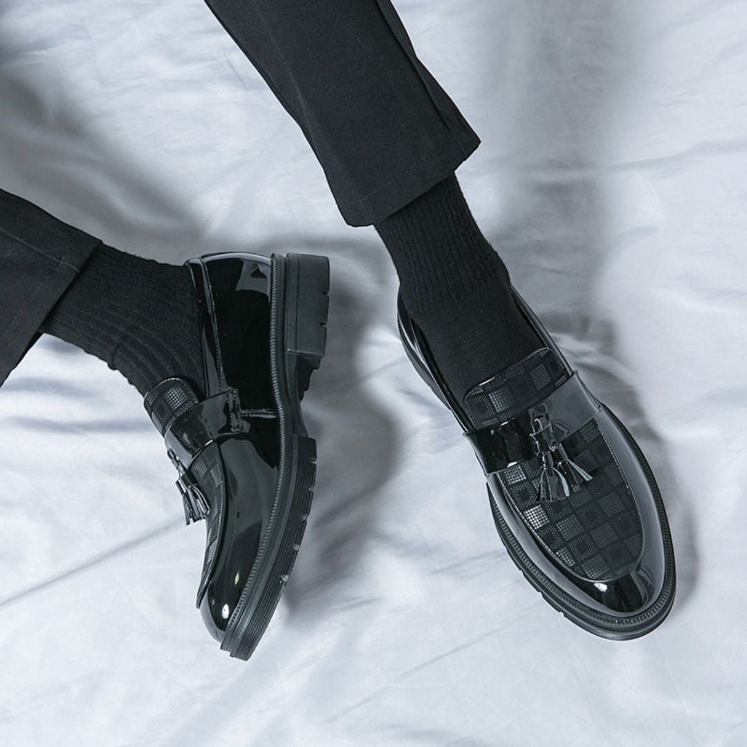 Men's Checkered Tasseled Loafers With Patent Leather Trim