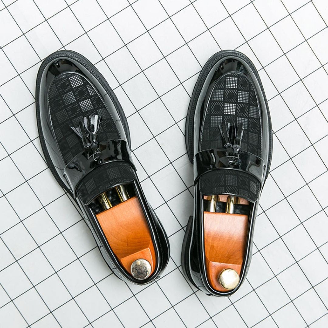 Men's Checkered Tasseled Loafers With Patent Leather Trim