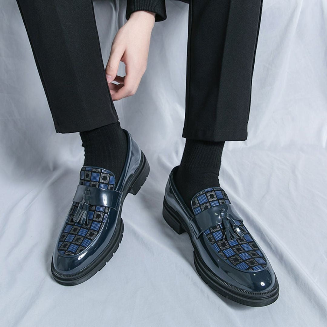 Men's Checkered Tasseled Loafers With Patent Leather Trim
