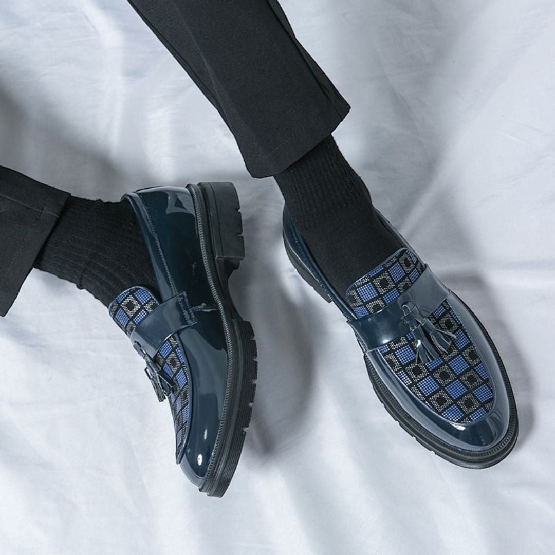 Men's Checkered Tasseled Loafers With Patent Leather Trim