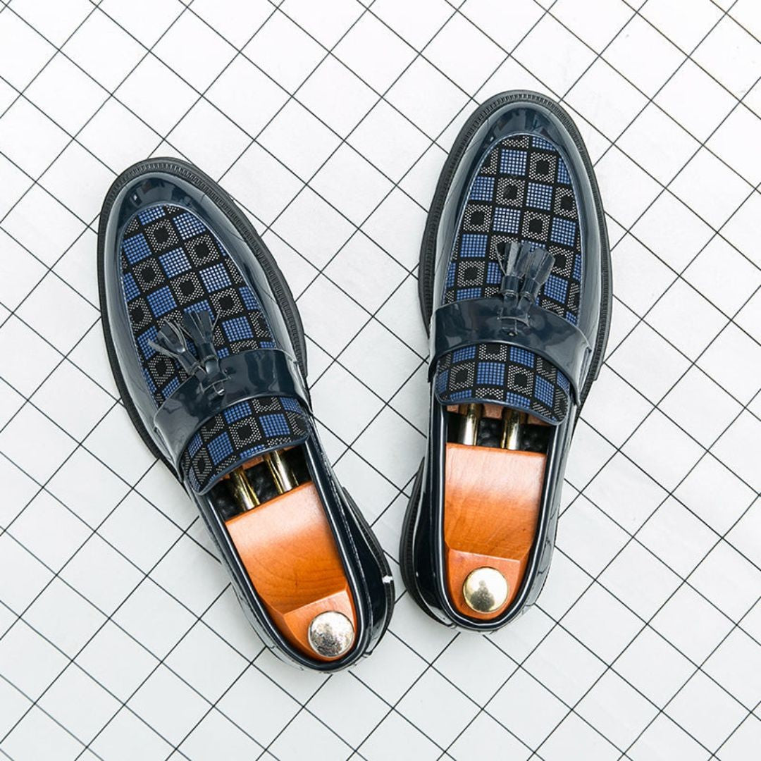 Men's Checkered Tasseled Loafers With Patent Leather Trim
