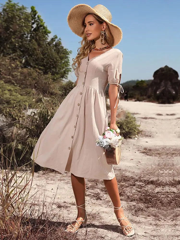 Women's Cotton Summer Midi Dress With V-neck And Button Front