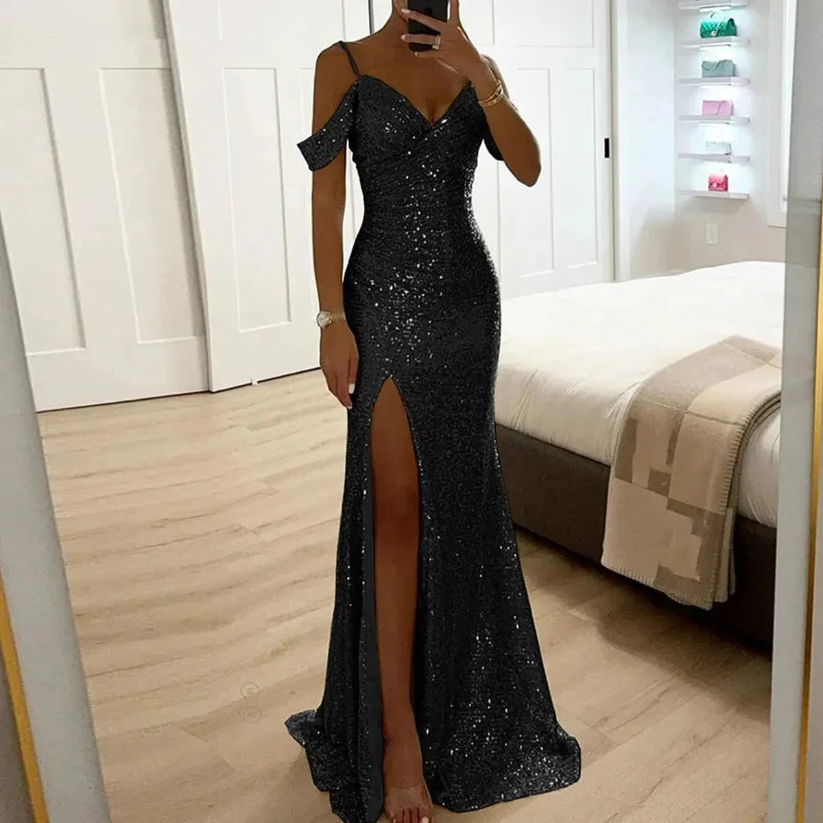 Women's Sequin Off-shoulder Gown With Thigh-high Slit
