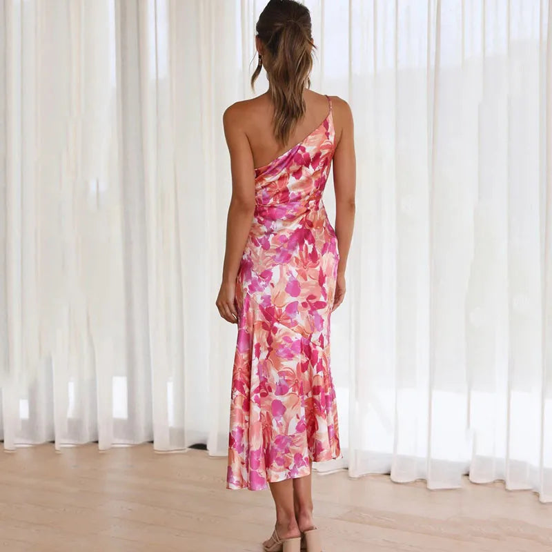 Women's Asymmetrical Floral Midi Dress With One-shoulder Design