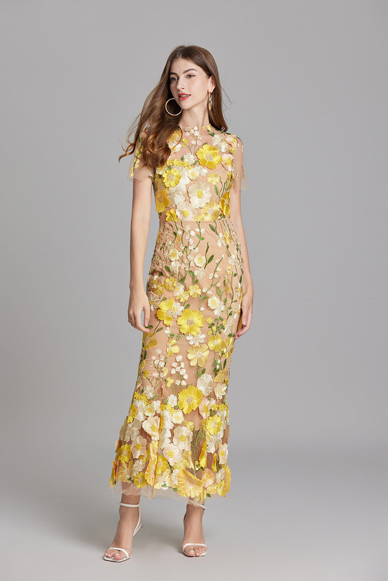 Women's Floral Embroidered Maxi Dress With Short Sleeves