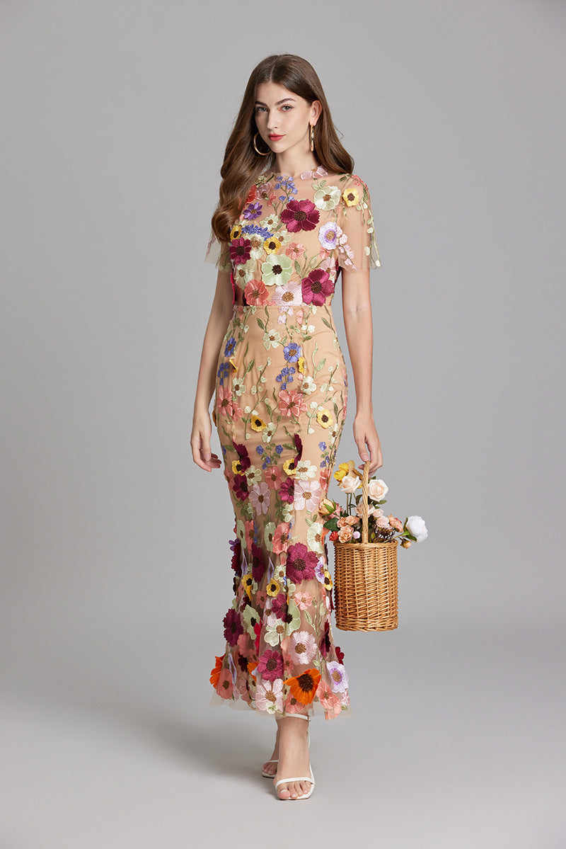 Women's Floral Embroidered Maxi Dress With Short Sleeves