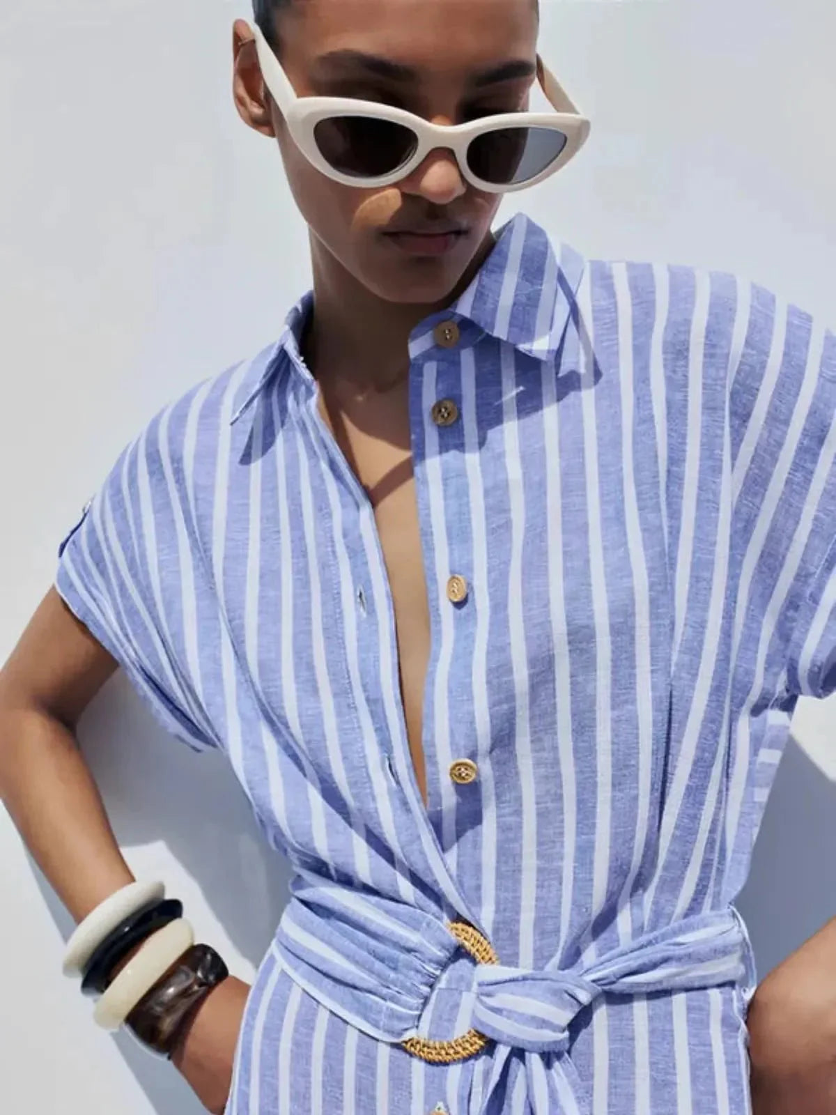 Women's Linen-blend Striped Button-up Maxi Shirt Dress With Belt