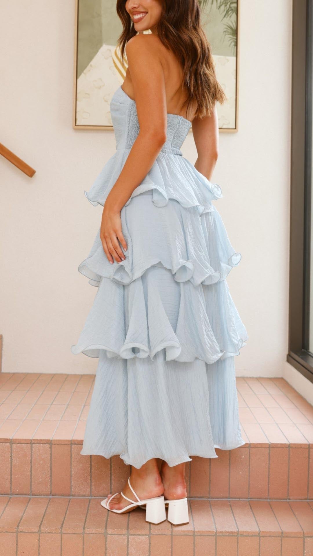 STRAPLESS RUFFLE MAXI WEDDING GUEST DRESS