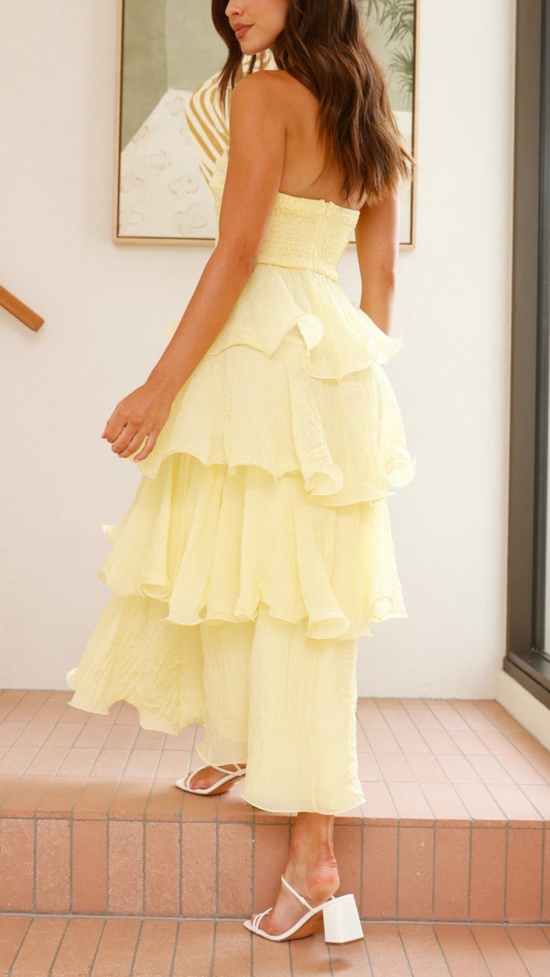 STRAPLESS RUFFLE MAXI WEDDING GUEST DRESS