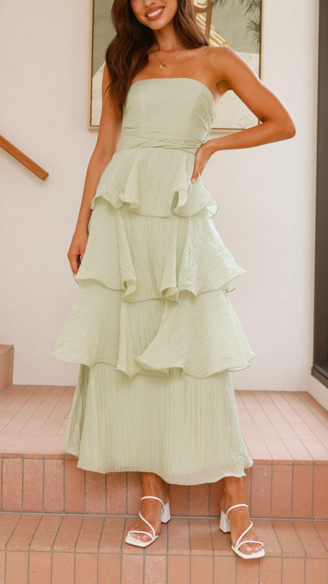STRAPLESS RUFFLE MAXI WEDDING GUEST DRESS