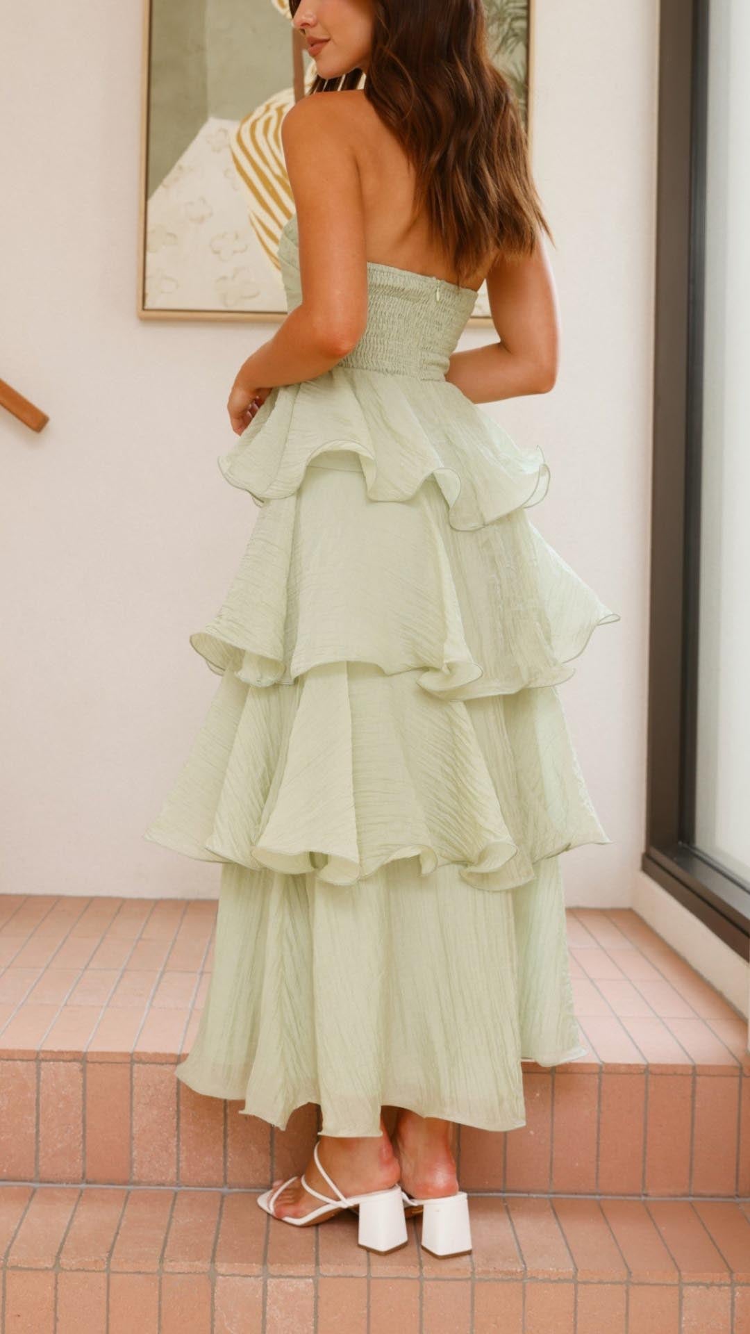 STRAPLESS RUFFLE MAXI WEDDING GUEST DRESS