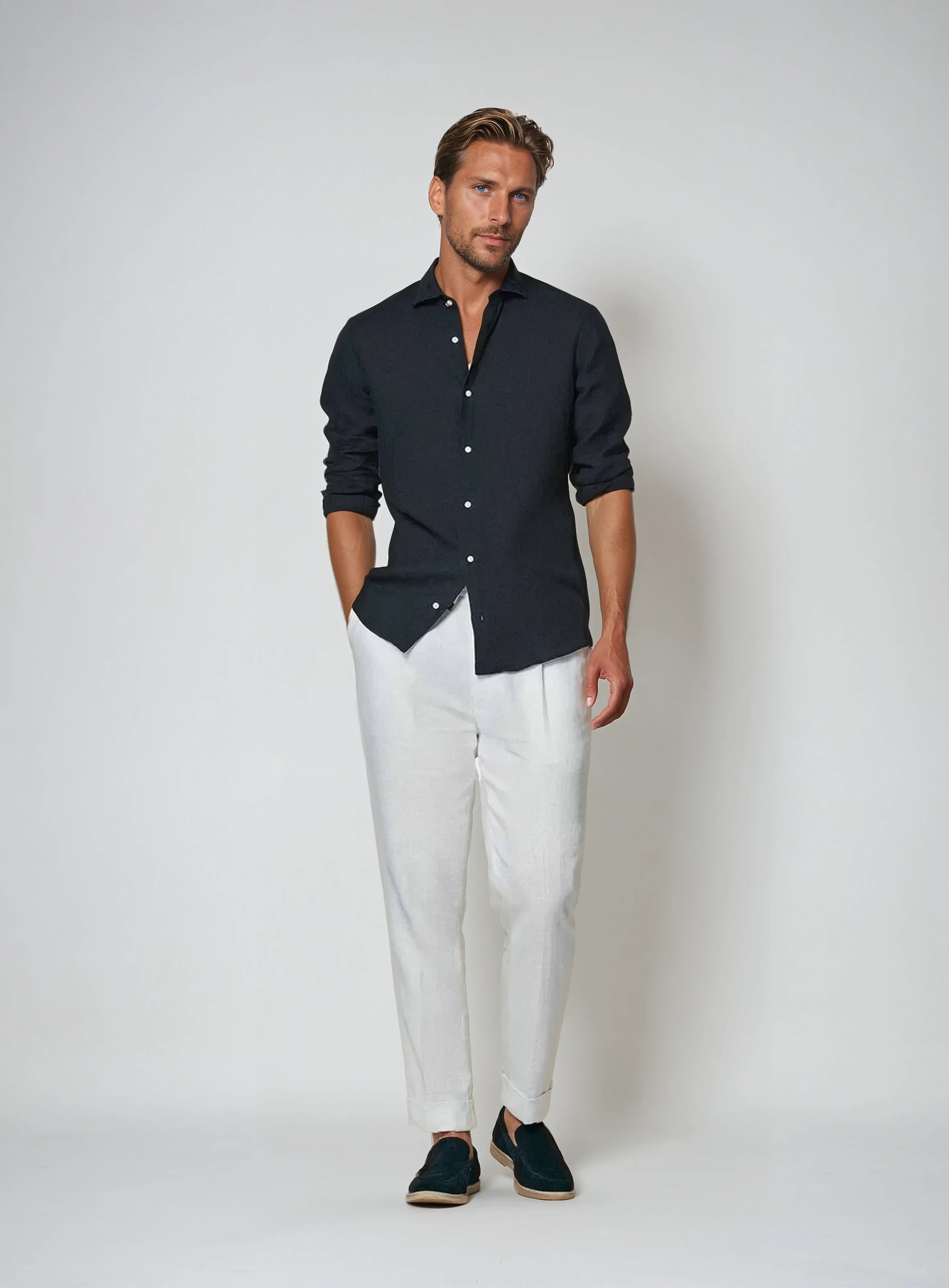 Old Money Tailored Navy Linen Shirt for Men