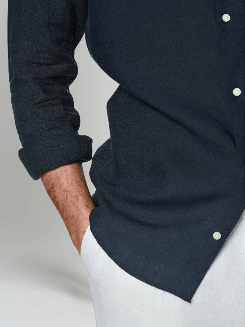 Old Money Tailored Navy Linen Shirt for Men