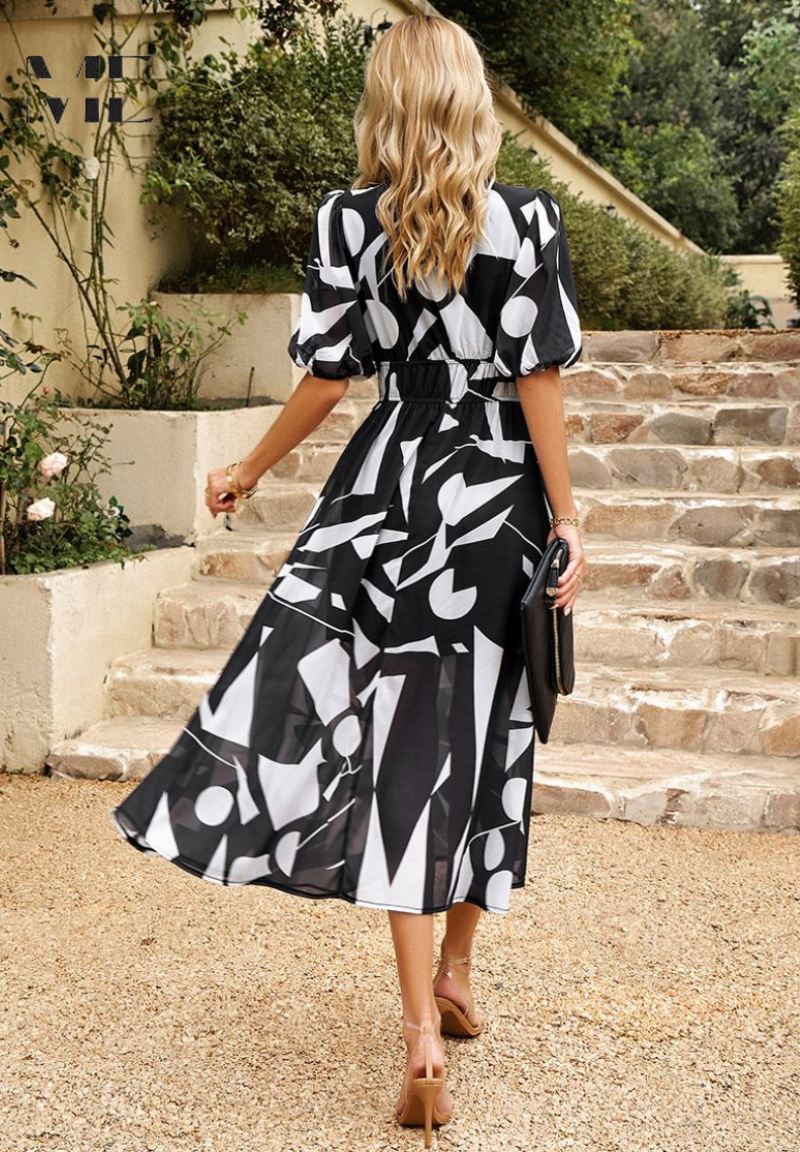 Women's Floral Midi Dress With Puff Sleeves And V-neck