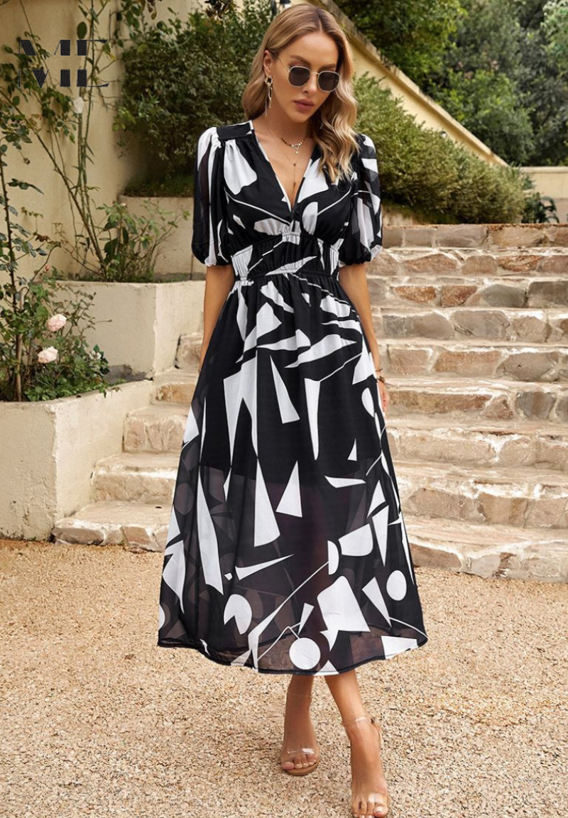 Women's Floral Midi Dress With Puff Sleeves And V-neck