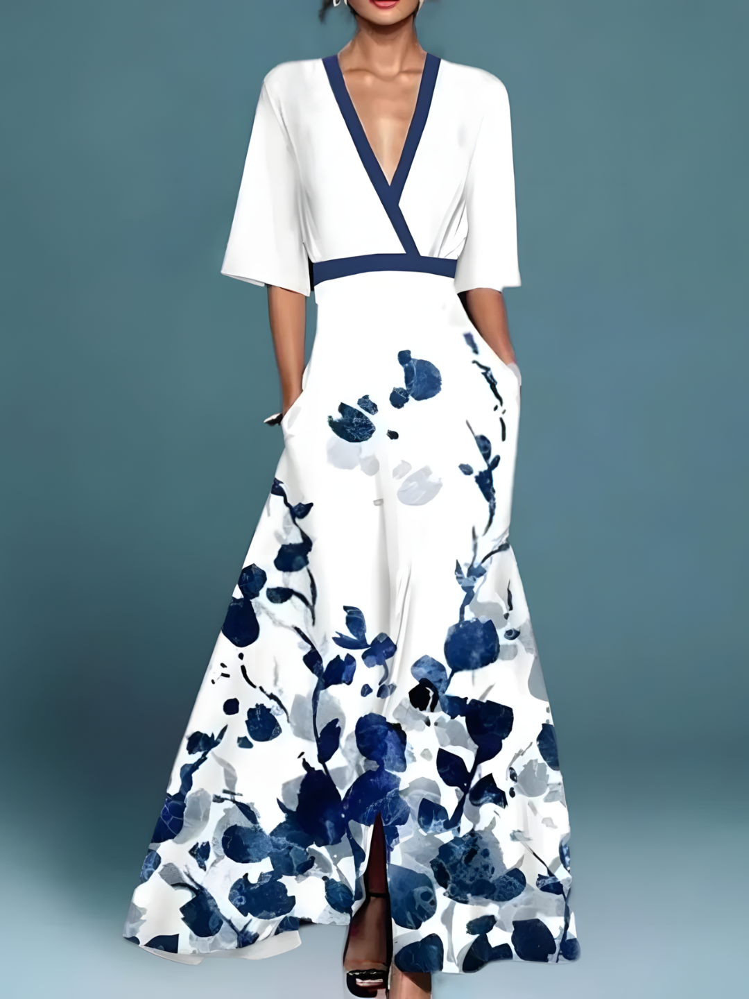 ELEGANT MAXI FLORAL DRESS WITH DEEP V NECK FOR WOMEN