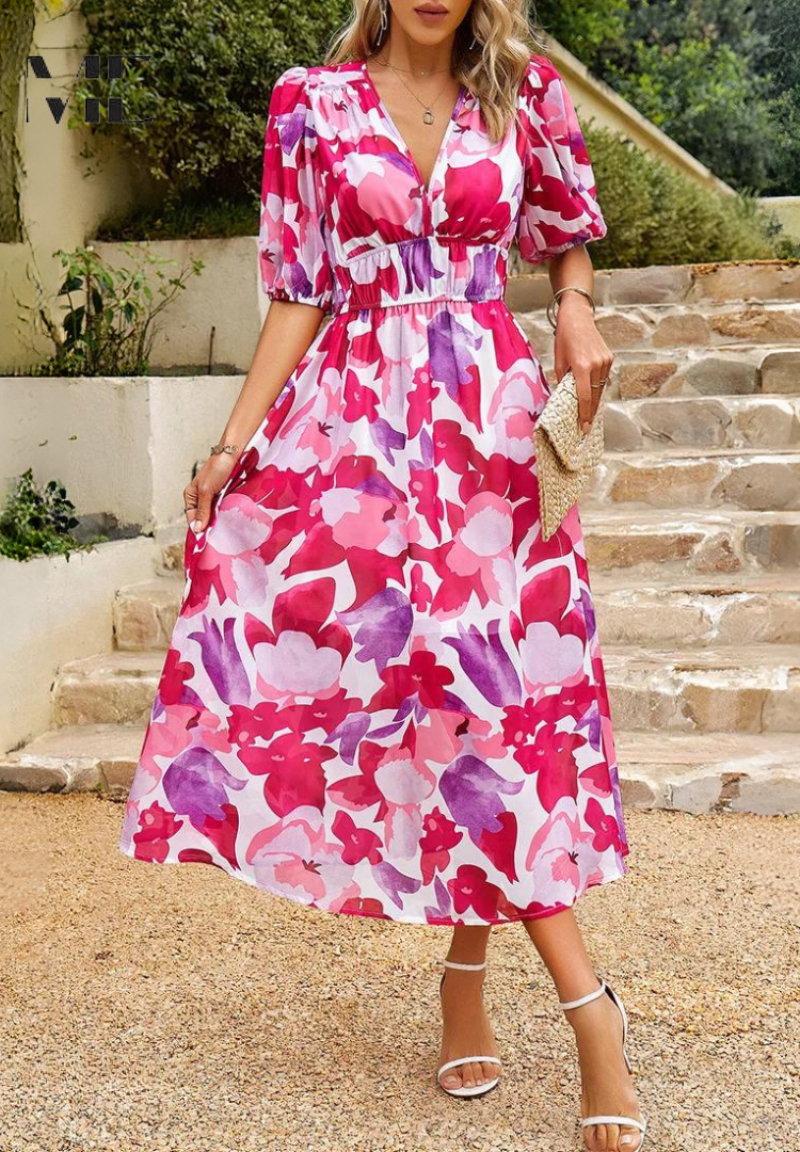 Women's Floral Midi Dress With Puff Sleeves And V-neck