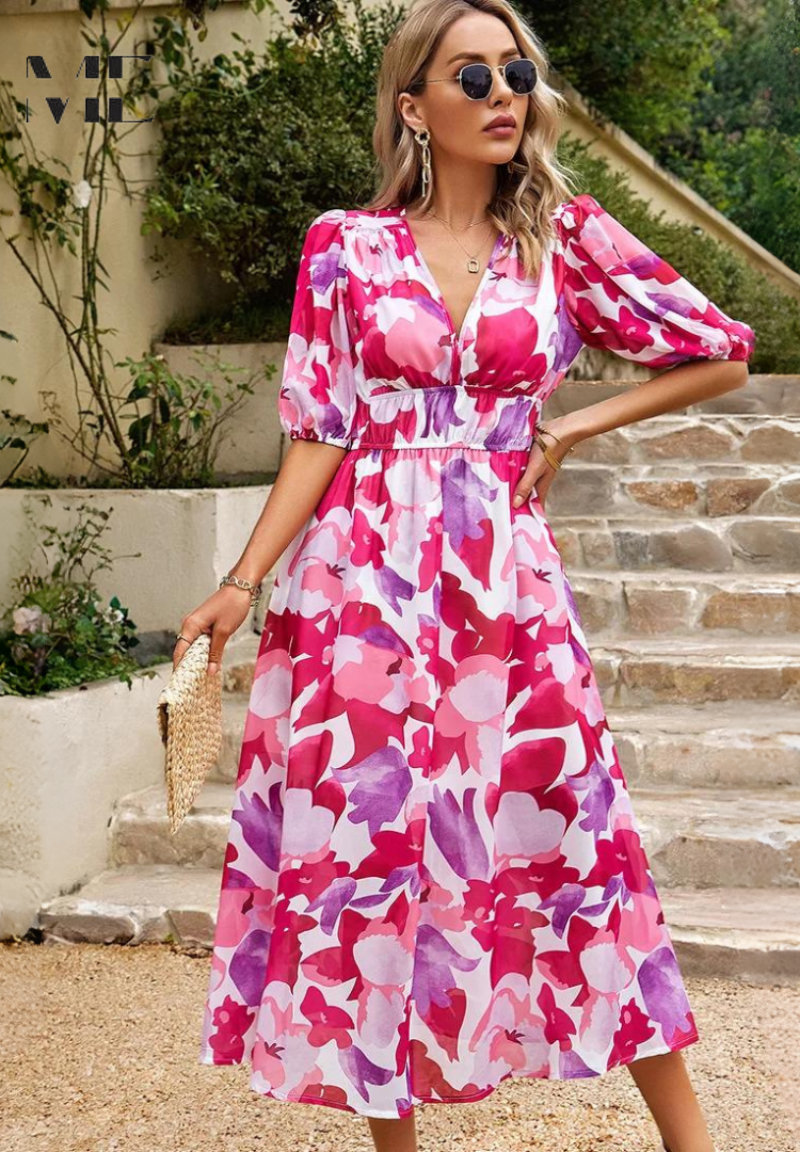 Women's Floral Midi Dress With Puff Sleeves And V-neck