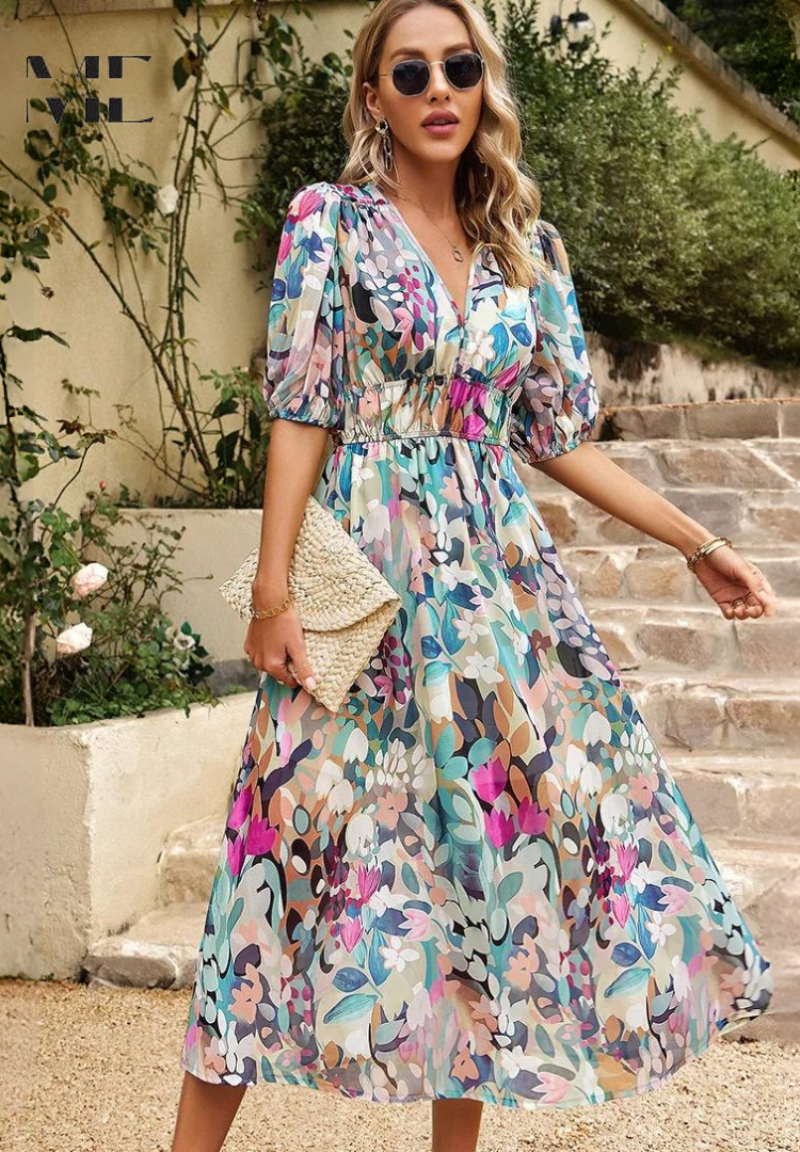 Women's Floral Midi Dress With Puff Sleeves And V-neck