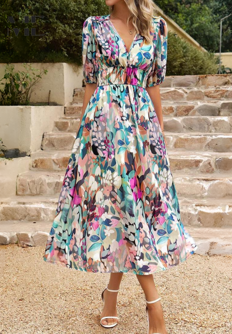 Women's Floral Midi Dress With Puff Sleeves And V-neck