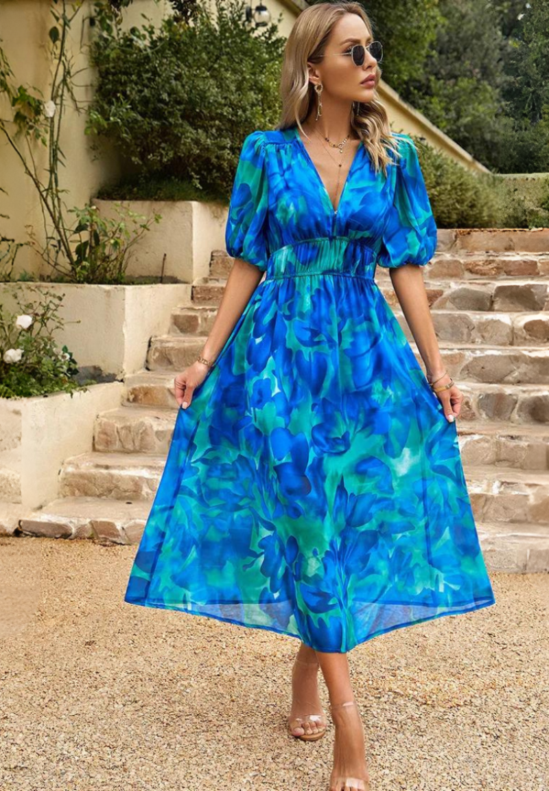 Women's Floral Midi Dress With Puff Sleeves And V-neck