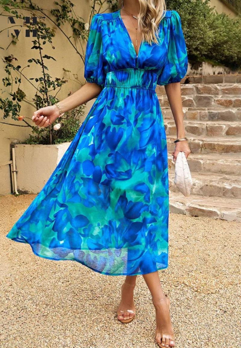 Women's Floral Midi Dress With Puff Sleeves And V-neck