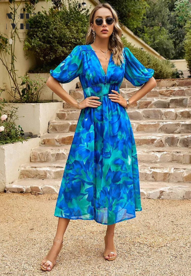 Women's Floral Midi Dress With Puff Sleeves And V-neck