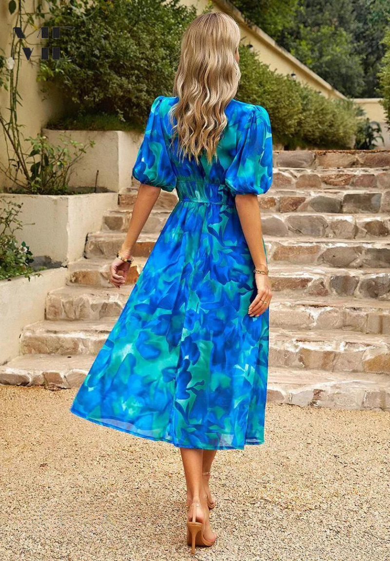 Women's Floral Midi Dress With Puff Sleeves And V-neck