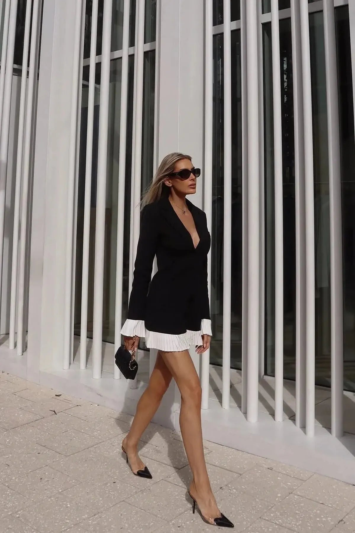 Women's V-neck Long Sleeve Mini Dress With Pleated Hem And Cuffs