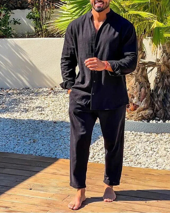 Casual Men’s V-Neck Linen Set Long Sleeve