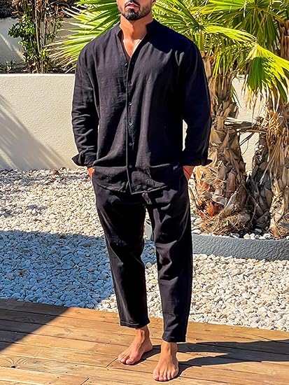 Casual Men’s V-Neck Linen Set Long Sleeve
