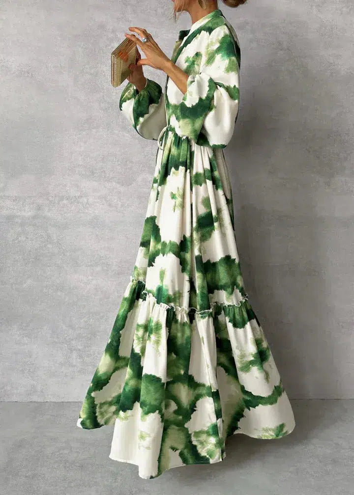 Women's Floral Maxi Dress with V-neck and Long Sleeves